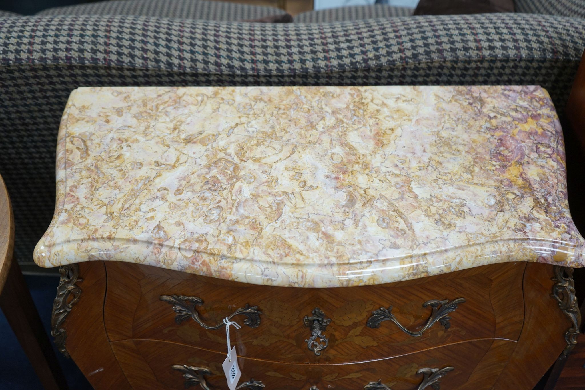 A Louis XVI design marquetry inlaid marble top serpentine petite commode, width 80cm, depth 42cm, height 78cm